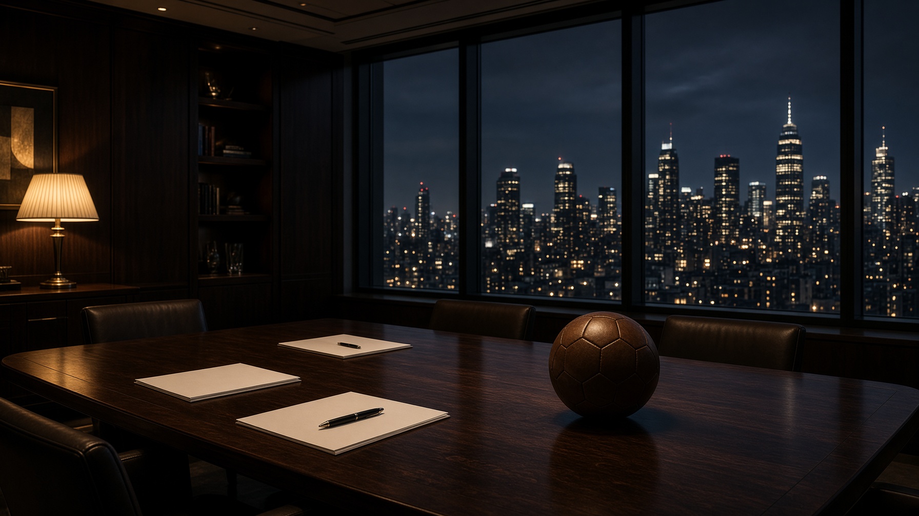 A boardroom overlooking the city at night