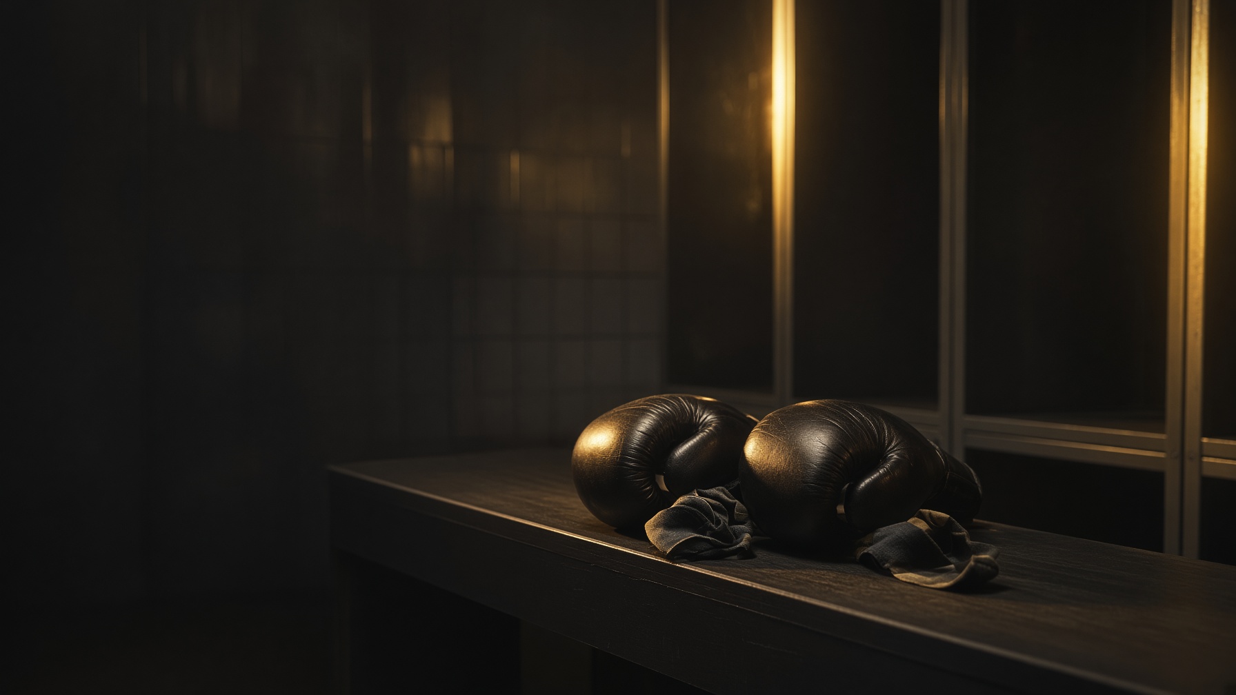 Boxing gloves and wraps in a dim locker room