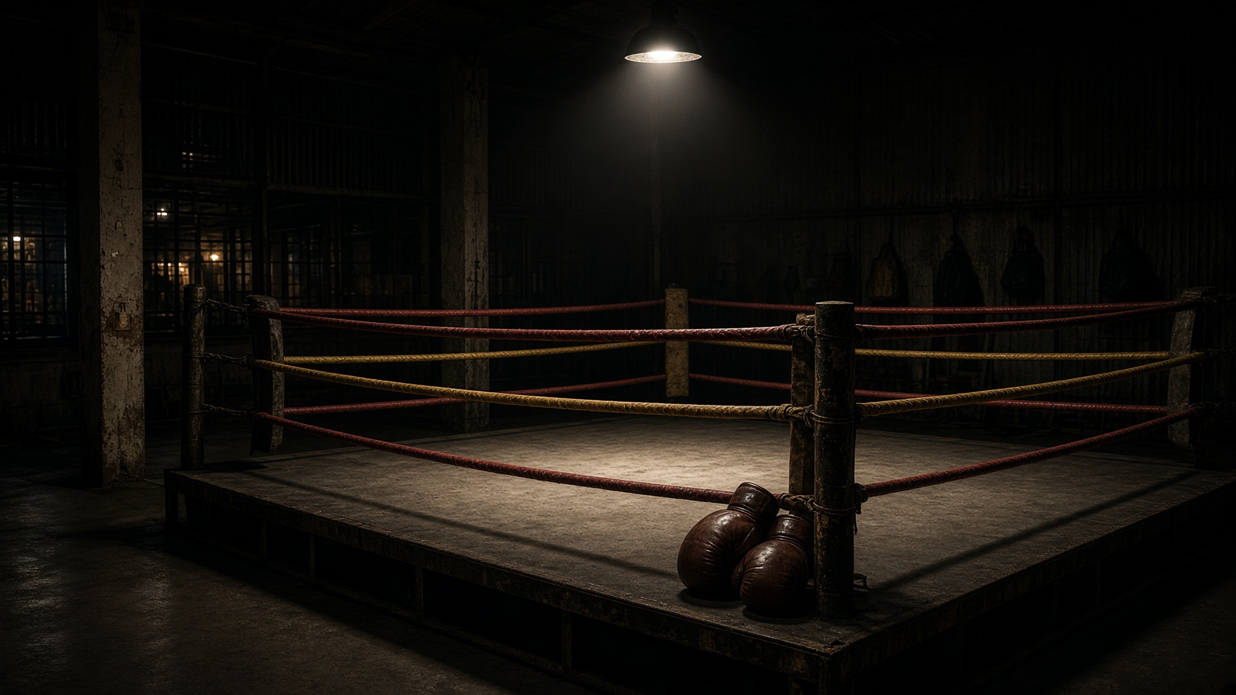 An empty boxing ring under arena lights